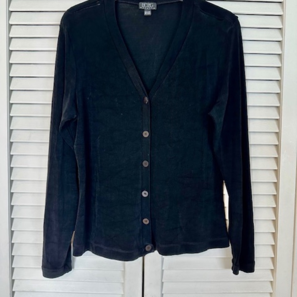 WOMEN'S BCBG BLACK LACE SWEATER, SIZE: L, MADE IN USA, LENGTH: 24"